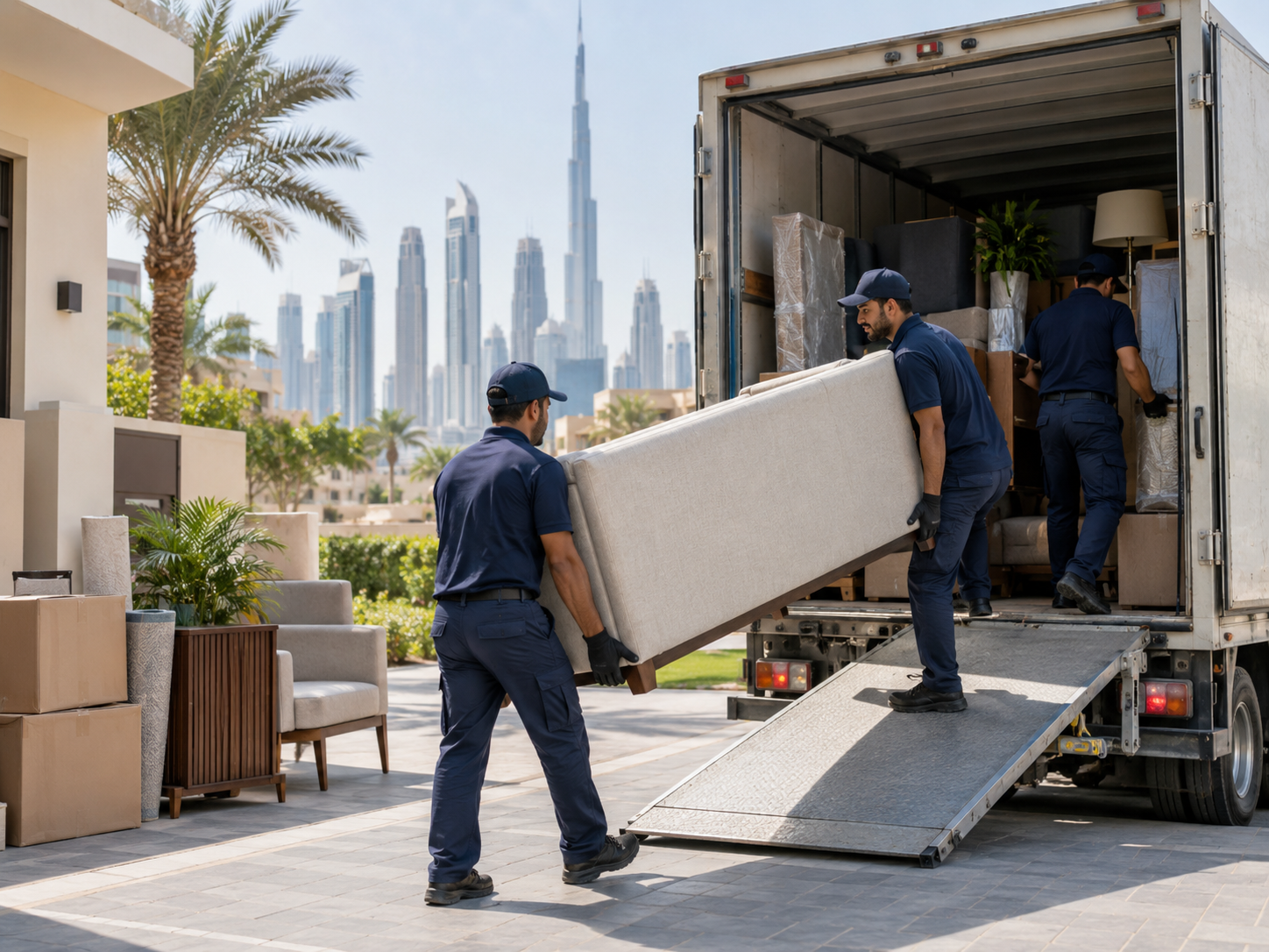 Furniture and bulky junk removal team loading unwanted items into a truck in Dubai